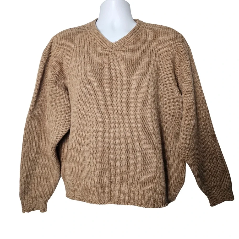 Vintage J.Crew Mens 100% Wool V-Neck Pullover Sweater XL Camel Tan Oarsman